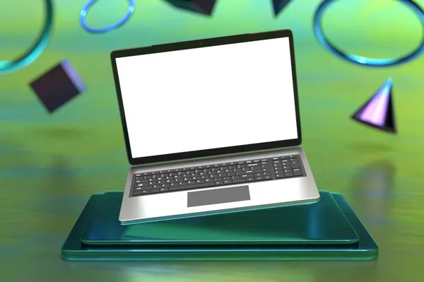 Laptop Computerbildschirm Attrappe Über Dreizylinder Sockel Mit Hintergrund Produktpräsentation Bühnenanzeige — Stockfoto