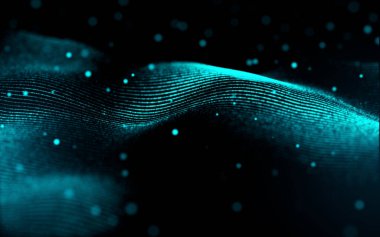 Parlak noktalar ve çizgilerle soyut bir arkaplan. Teknolojik dijital dalga. 3d oluşturma.