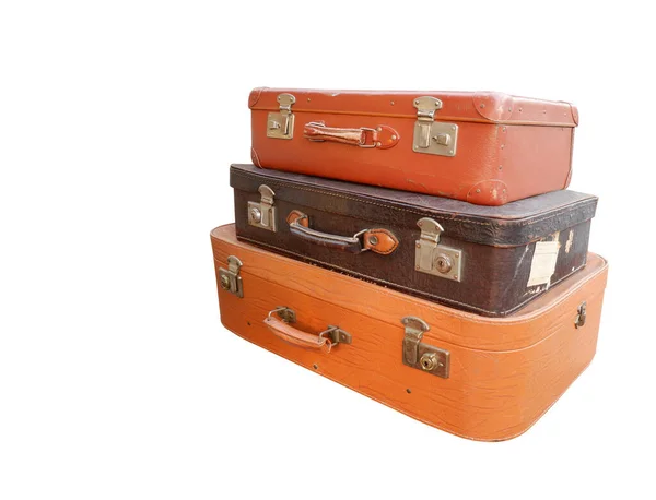 Side View Three Leather Suitcases Stacked Top Each Other Object — Stock Photo, Image