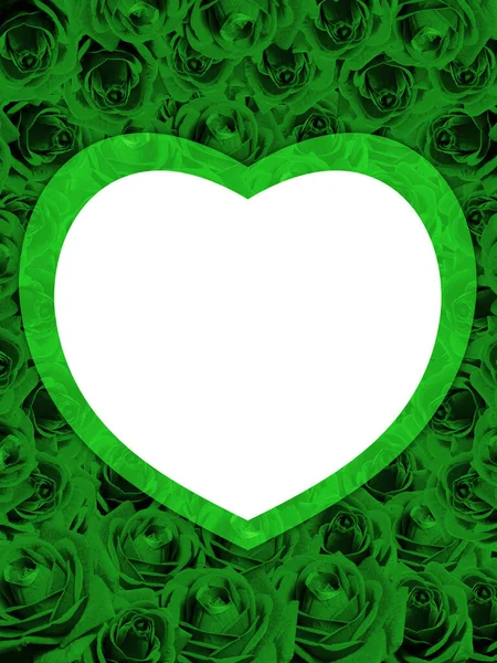 緑のバラの花の背景 テンプレート バナー コピースペースの白い心 — ストック写真