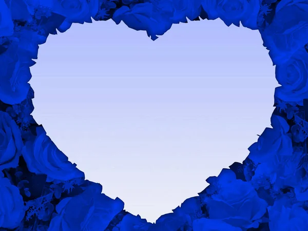 Mavi Güller Üzerinde Soyut Beyaz Kalp Şekli Arka Plan Doğa — Stok fotoğraf