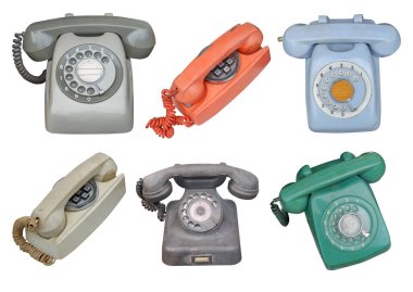Beyaz arkaplanda antika telefonlar, nesne, teknoloji