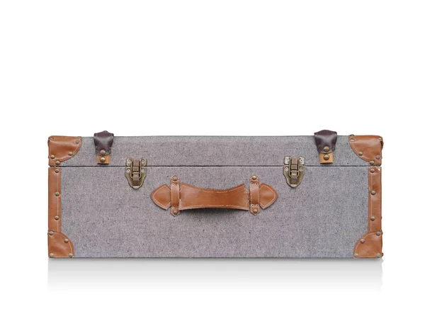 Antike Reisetasche Aus Leder Auf Holzboden Weißer Hintergrund Kopierraum — Stockfoto