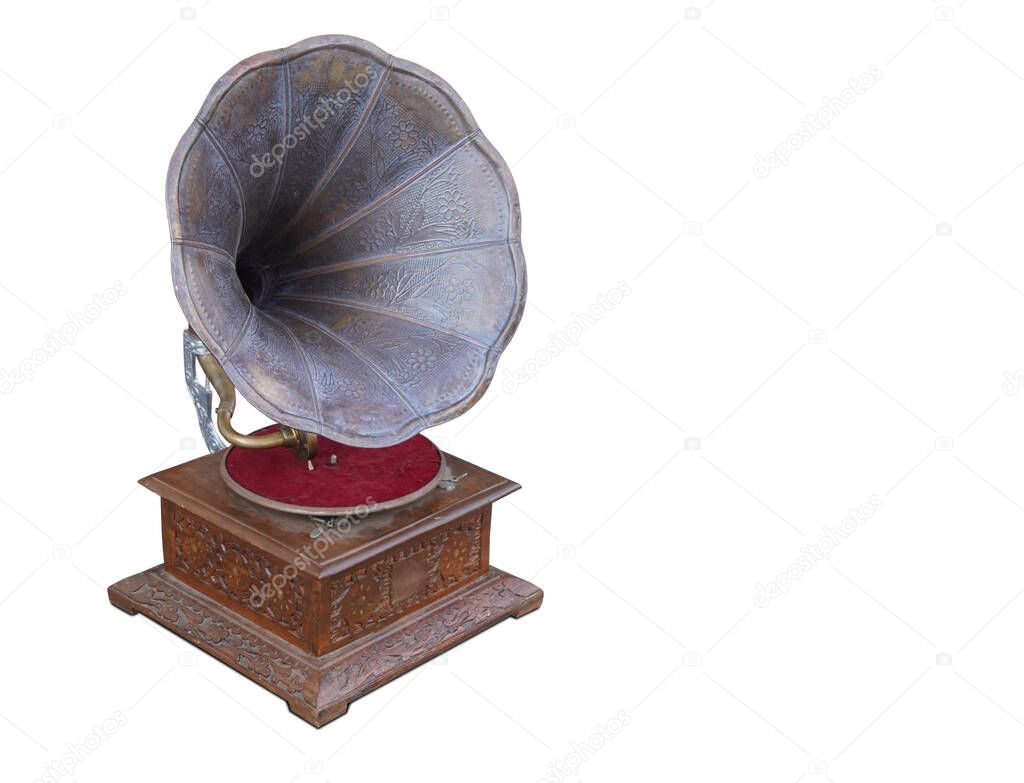 closeup antique brass and wooden gramaphone on white background,copy space 