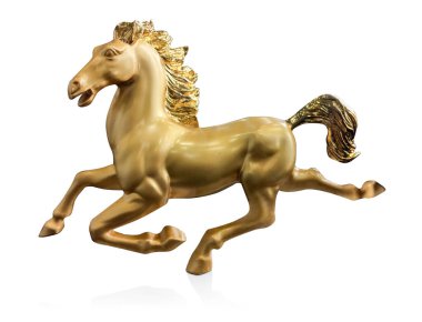 Yan görünüm altın atı beyaz arkaplanda çalışıyor, boşluğu kopyala