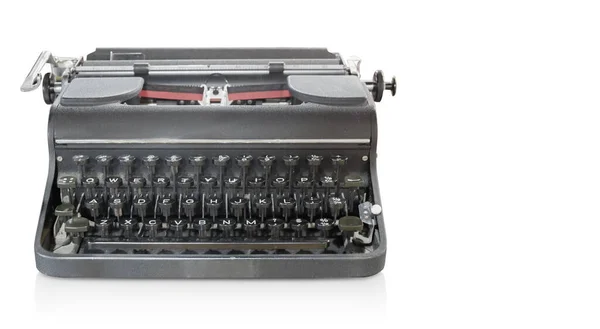 白色背景 复制空间的前视图古董灰色打字机 — 图库照片