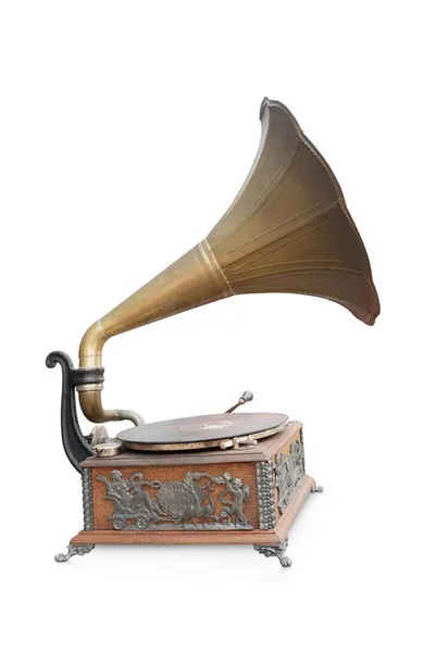 Vista Lateral Bronze Antigo Gramafone Madeira Fundo Branco Espaço Cópia — Fotografia de Stock