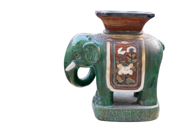 Vista Laterale Antico Elefante Verde Ceramica Sfondo Bianco Vintage Oggetto — Foto Stock