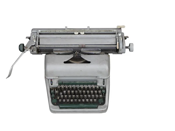 Top View Antiek Zilver Groen Typewriter Witte Achtergrond Vintage Achtergrond — Stockfoto