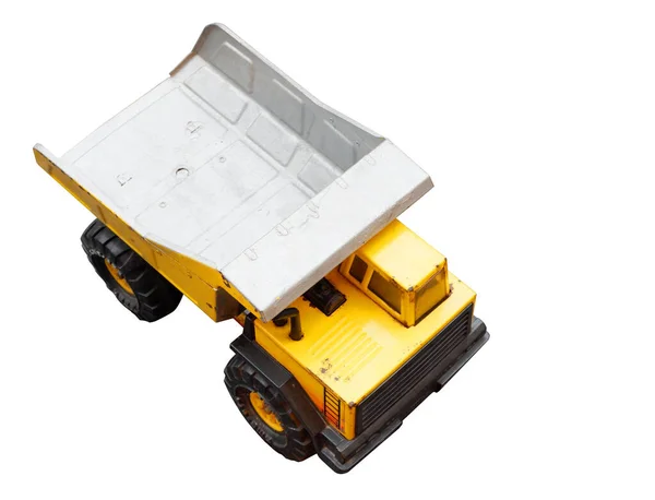 Alte Gelbe Spielzeugautos Auf Weißem Hintergrund Kopierraum — Stockfoto