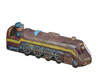 Yan görünüm beyaz arkaplanda antik çinko tren oyuncağını kesti, nesne, boşluk kopyala 