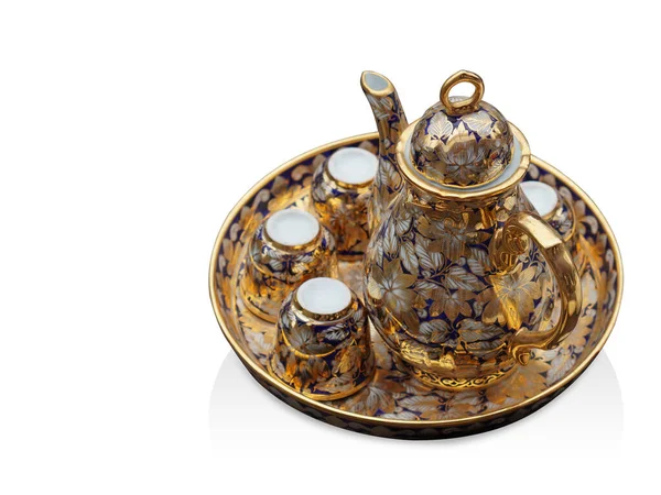 Вырезать Античное Золото Керамический Чайник Керамическая Чашка Положить Керамической Пластине — стоковое фото