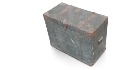 Beyaz arkaplanda eski ve kirli ahşap kutu, nesne, konteyner, vintage, kopyalama alanı