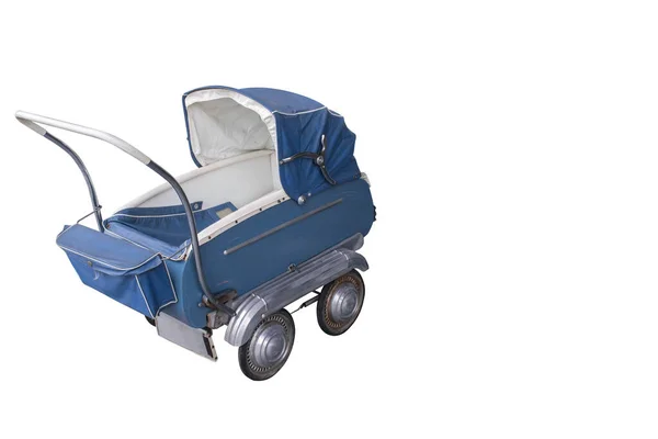 Oude Blauwe Witte Kinderwagen Witte Achtergrond Object Kopieerruimte — Stockfoto