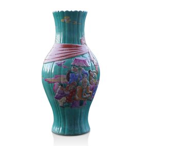 Di kesmiş antika güzel yeşil seramik vazo beyaz arkaplan, vintage, nesne, kopyalama alanı                               