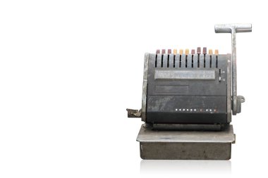 Beyaz arkaplanda eski kitap ciltleme makinesi, boşluğu kopyala