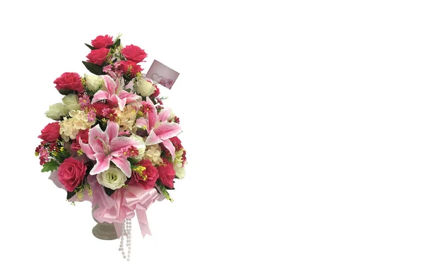 Beau Bouquet Fleurs Vase Céramique Sur Fond Blanc Espace Copie — Photo