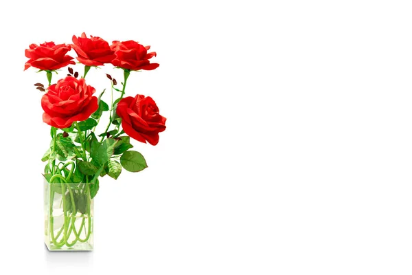 ガラスの花瓶に赤いバラの花束白い背景 コピースペース — ストック写真