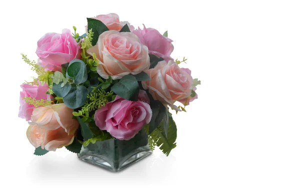 Vorderseite Bunte Rosen Und Blumen Strauß Glasvase Auf Weißem Hintergrund — Stockfoto