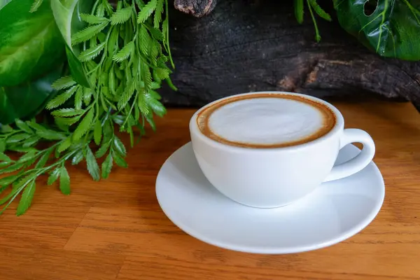 Seitenansicht Kaffee Weißer Keramiktasse Auf Holzboden Hintergrund Natur Wand Hintergrund — Stockfoto