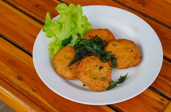 Fried Fish Cakes Vegetable White Plate Wooden Floor Background Food — Fotografia de Stock
