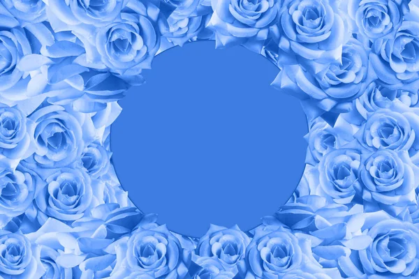 Cercle Bleu Sur Fond Bouquet Fleurs Roses Bleues Bannière Modèle — Photo