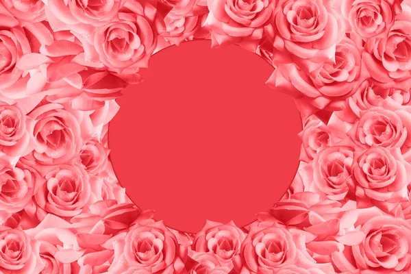 Círculo Vermelho Rosas Vermelhas Buquê Flores Fundo Banner Modelo Cartão — Fotografia de Stock