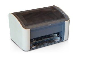 Beyaz arkaplan, nesne, arkaplan, teknoloji arka plan, iş dünyası, kopyalama alanı üzerine antik beyaz ve gri yazıcı                                   