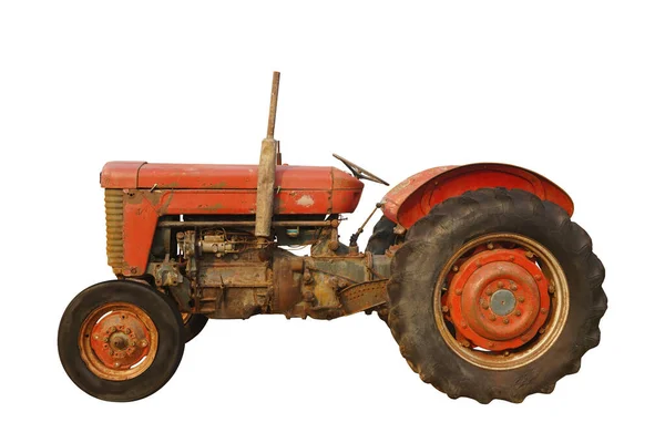 Seitenansicht Alter Und Rostroter Traktor Auf Weißem Hintergrund Objekt Konstruktion — Stockfoto
