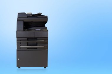 ön görünüm mavi arkaplan üzerinde siyah beyaz fotokopi makinesi, teknoloji, nesne, ofis, çalışma alanı kopyalama