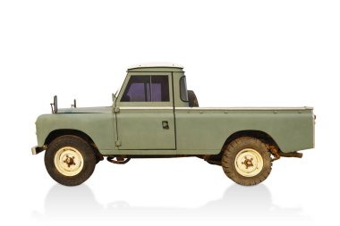 side view old green and white car on white background, transportation, technology,object,vintage,retro,gift,ancient,copy space