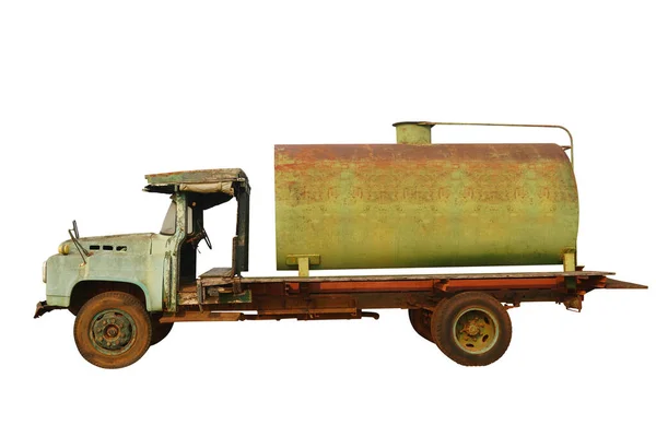 Side View Old Rust Big Green Car Water Container White — Stockfoto