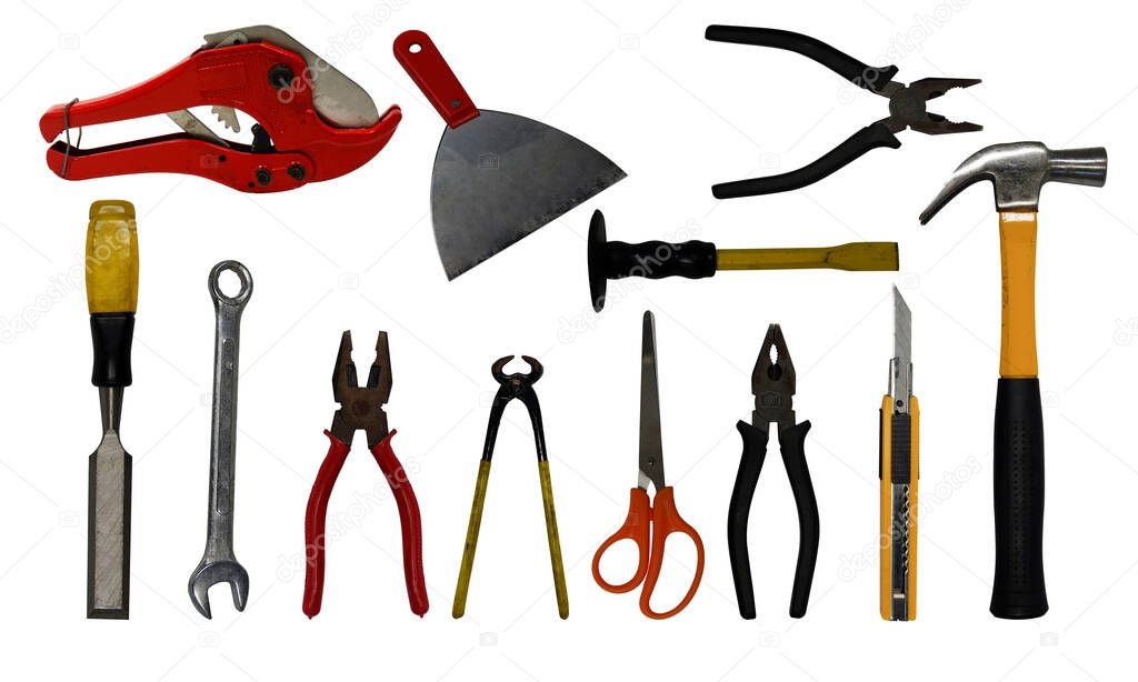 electrical equipment, construction tools,hammer, lock cream, cutter, combination wrench, toot, scissors on white background