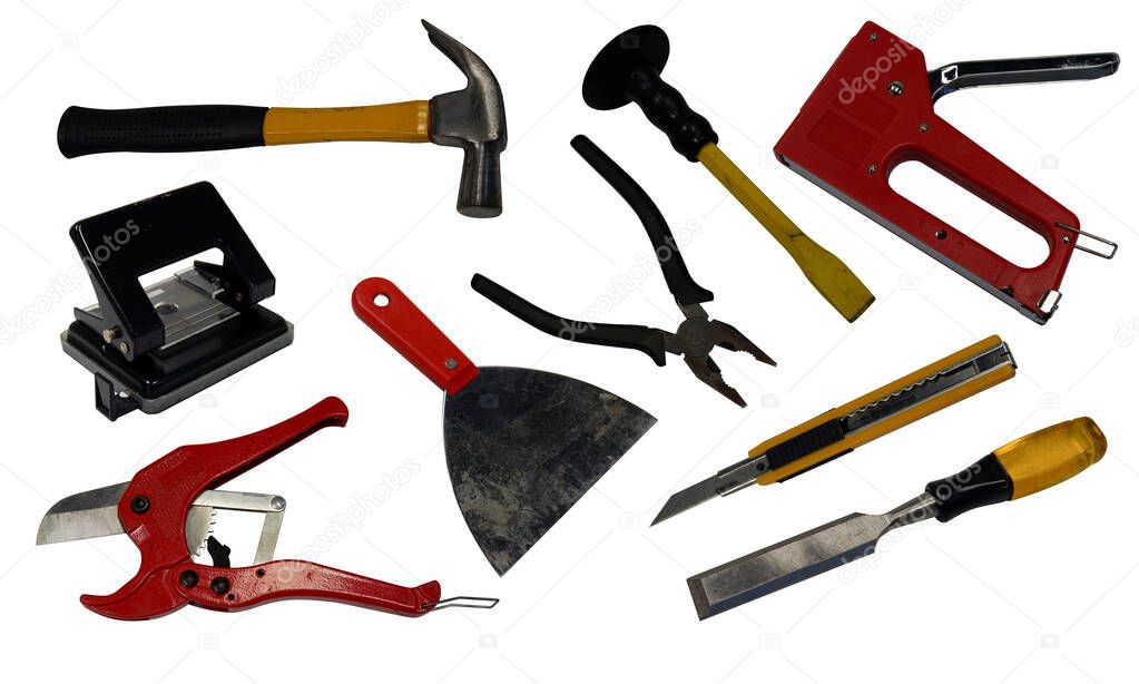 truction tools and electrical equipment, hammer, lock cream, cutter, combination wrench, toot, scissors on white background