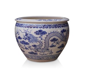 Beyaz zemin üzerinde antika beyaz ve mavi seramik kap, nesne, eski, dekor, modern, kopyalama alanı            