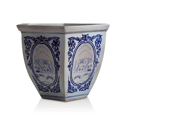 Vista Frontale Antico Vaso Esagonale Ceramica Bianca Blu Sfondo Bianco — Foto Stock