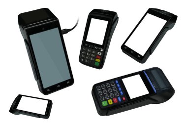 Beyaz arka planda beş kredi kartı geçiş kartı, nesne, teknoloji, iş, modern