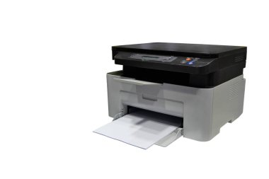 yan görünüm, iki renk, siyah beyaz yazıcı ve kağıt beyaz arkaplan, teknoloji, nesne, kopyalama alanı