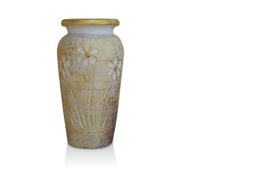 Öngörünüm beyaz arkaplan, nesne, dekor, moda, kopyalama alanı üzerine eski altın ve beyaz uzun vazo