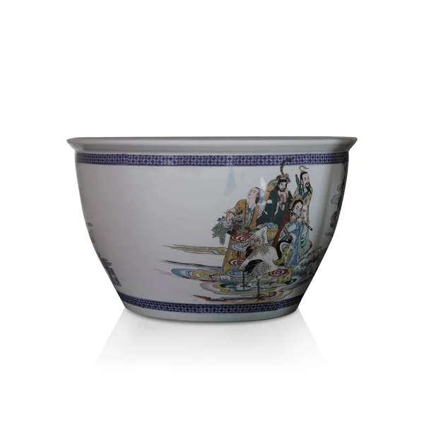 Grand Pot Céramique Blanche Bleue Sur Fond Blanc Rétro Vintage — Photo