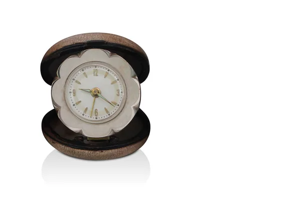Relógio Alarme Antigo Vista Frontal Uma Caixa Círculo Couro Marrom — Fotografia de Stock
