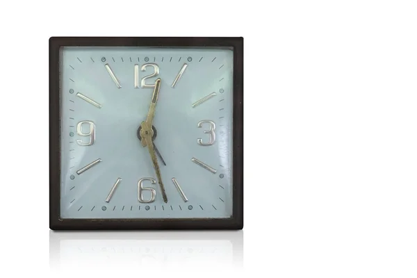 Vista Frontal Blanco Oro Reloj Despertador Cuadrado Sobre Fondo Blanco — Foto de Stock