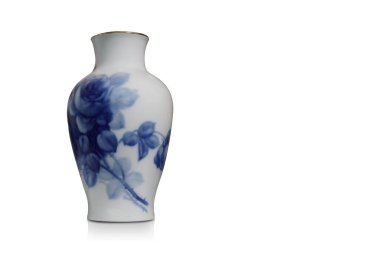 Beyaz arkaplan, nesne, dekor, ev, klasik, modern, kopyalama alanı üzerinde beyaz, altın ve mavi vazo