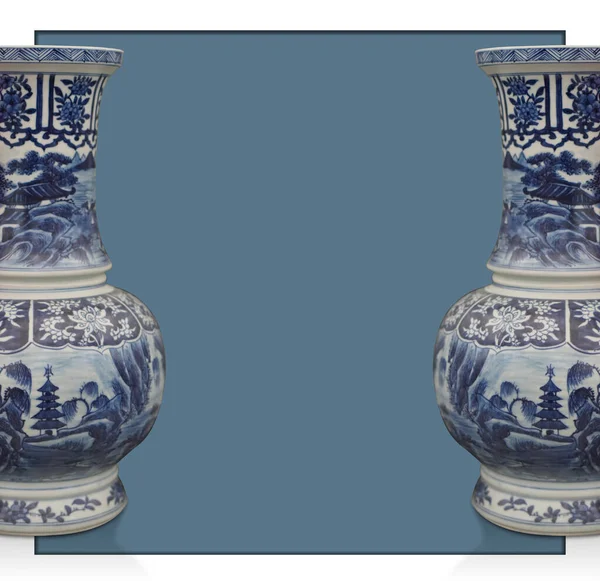 Beautiful Two Blue Ceramic Vase White Frame Blue Background Object — ストック写真