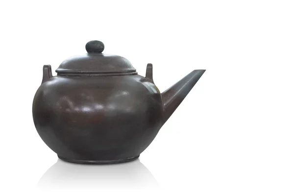 Left Side Old Brown Ceramic Teapot White Background Object Vintage — Zdjęcie stockowe
