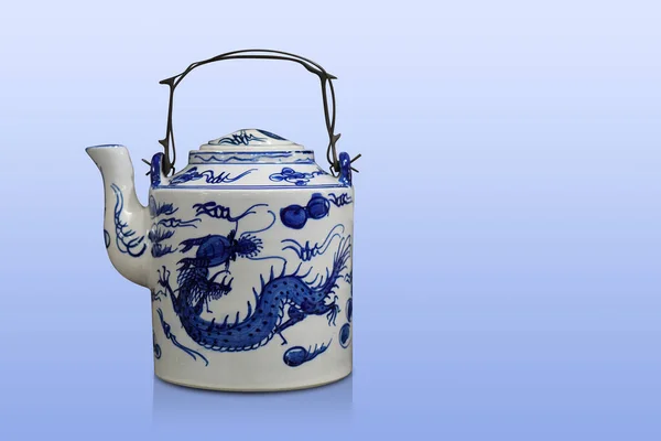 Old White Blue Ceramic Teapot Handle Blue Background Object Vintage — Stockfoto