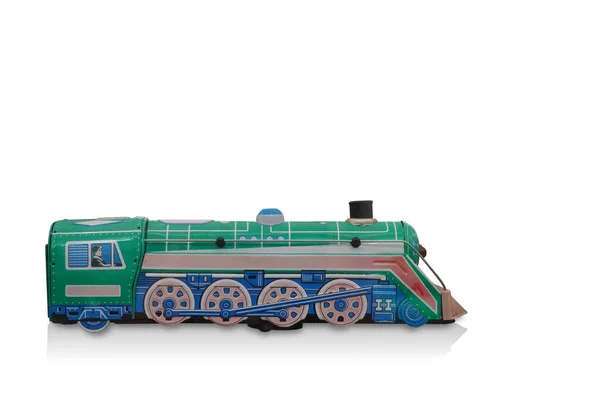 Vista Lateral Antigo Verde Azul Zinco Trem Brinquedo Fundo Branco — Fotografia de Stock