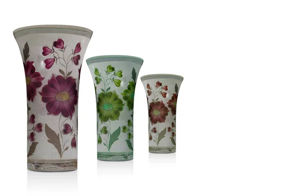 Three Tall Glass Vase Violet Green Red Flowers White Background — Stock Photo, Image