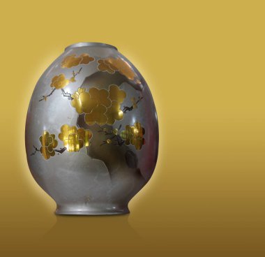 beautiful antique silver and gold ceramic vase on gold background, object, decor, home, house, vintage, ancient, copy space