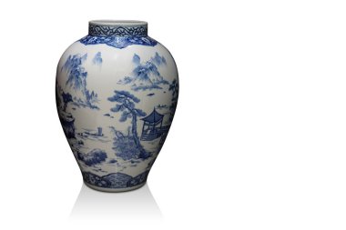 Beyaz arkaplanda güzel beyaz ve mavi seramik kap, kap, nesne, eski, muhafaza, bayrak, şablon, kopyalama alanı